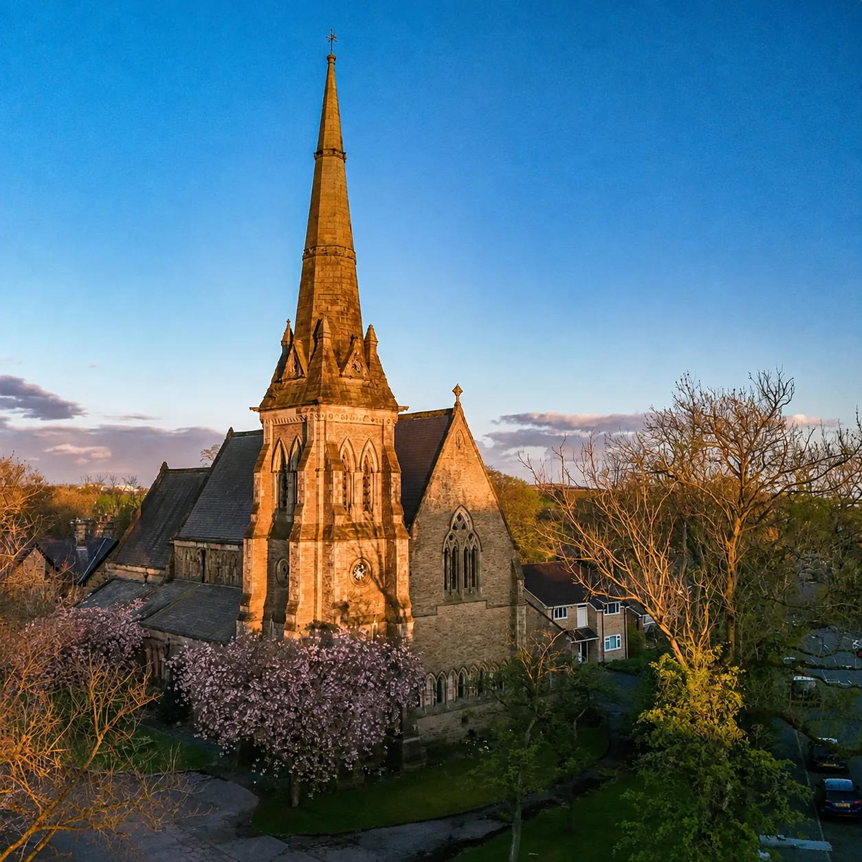 Aerial golden-hour view of St Thomas Church, its tall spire, spring blossom and Roch Valley surroundings