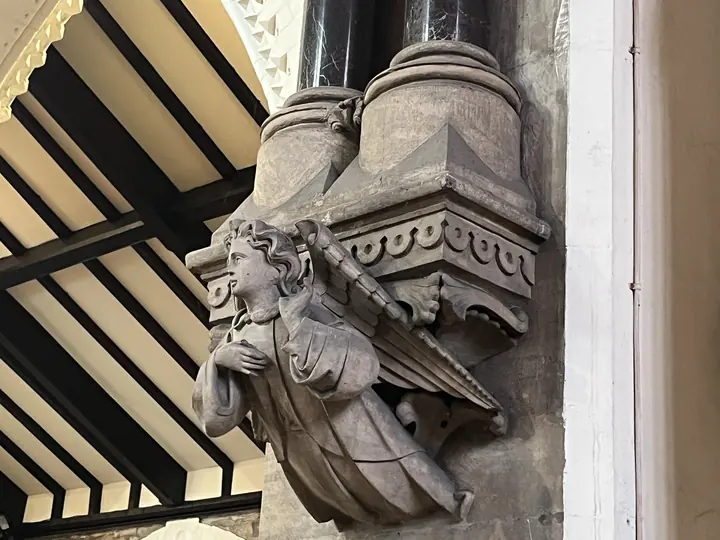 Close view of a stone angel corbel