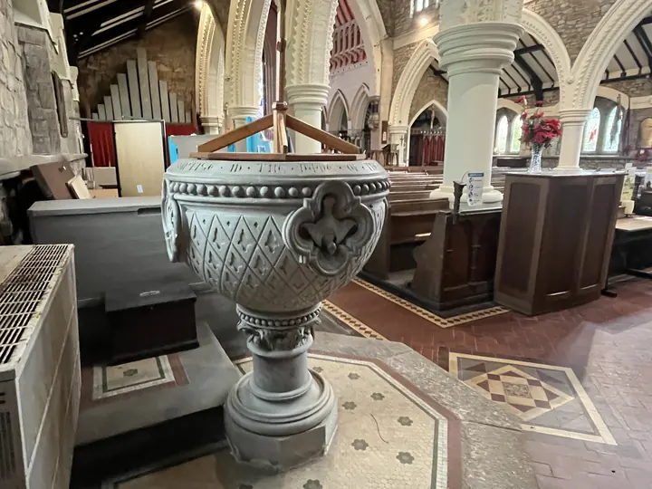 Baptismal font viewed across the nave